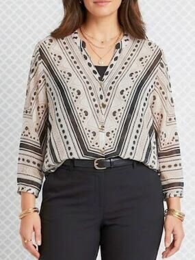 JM COLLECTION Geometric Scarf Print Chiffon Blouse, L